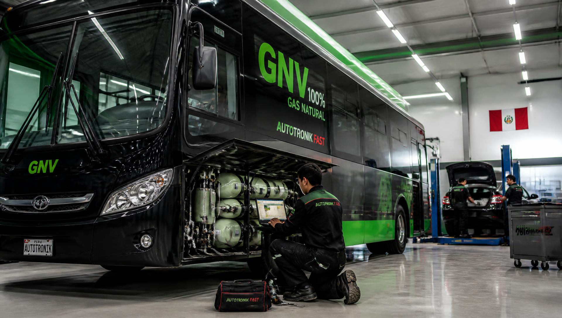 Técnicos de Autotronik Fast instalando y diagnosticando el sistema GNV de un bus urbano en el taller