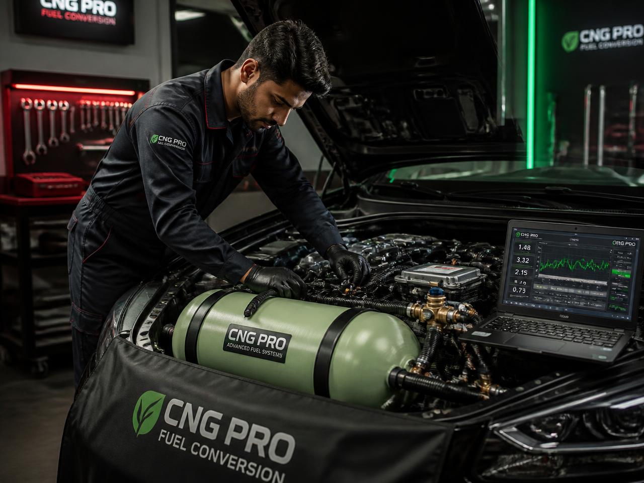 Técnico instalando un sistema de conversión a GNV en el taller de Autotronik Fast